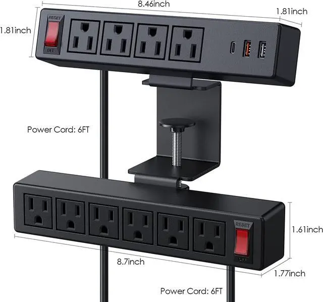 Main image of VILONG 2 in 1 Desktop Edge Power Strip,Removable Clamp Power Outlet Socket Under Desk 6AC Outlests with Switch & 4 AC Outlets 2 USB-A Ports,1 USB-C Port,6.5 ft Extension Cord