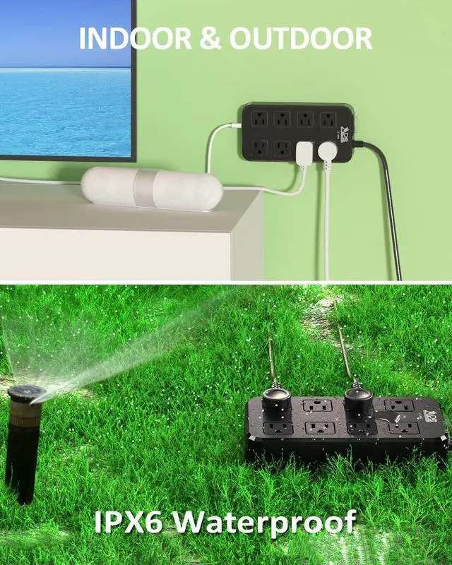 Alt view image 4 of 6 - Outdoor Power Strip Weatherproof, Waterproof Surge Protector with 8 Wide Outlet with 3 USB Ports, 10FT Extension Cord,1875W Overload Protection,Outlet Extender for Christmas Lights ETL Listed Black