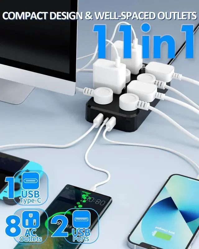 Alt view image 2 of 6 - Outdoor Power Strip Weatherproof, Waterproof Surge Protector with 8 Wide Outlet with 3 USB Ports, 10FT Extension Cord,1875W Overload Protection,Outlet Extender for Christmas Lights ETL Listed Black