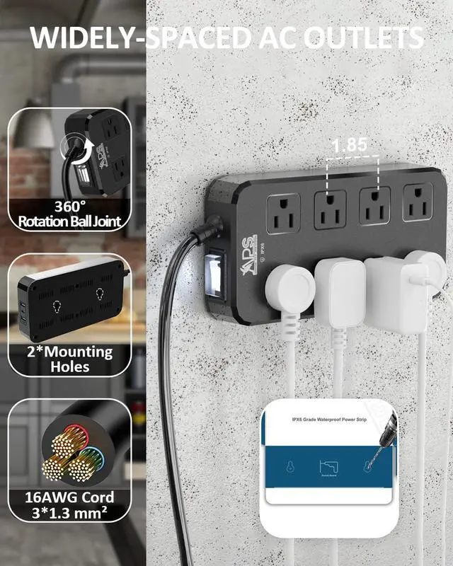 Alt view image 6 of 6 - Outdoor Power Strip Weatherproof, Waterproof Surge Protector with 8 Wide Outlet with 3 USB Ports, 10FT Extension Cord,1875W Overload Protection,Outlet Extender for Christmas Lights ETL Listed Black