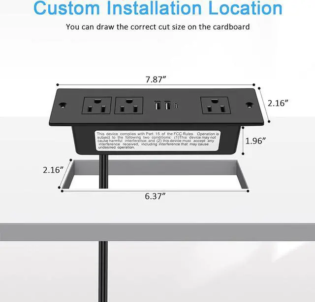 Alt view image 4 of 7 - Recessed Power Strip, Furniture Drawer Outlet with 20W PD USB-C & 18W QC3.0 USB-A, Plug in 3 Outlets & USB Ports, Flush Mount 3FT Flat Extension Cord Conference Desk Outlets Black