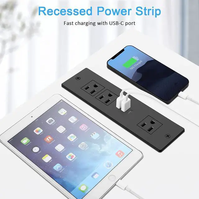 Alt view image 5 of 7 - Recessed Power Strip, Furniture Drawer Outlet with 20W PD USB-C & 18W QC3.0 USB-A, Plug in 3 Outlets & USB Ports, Flush Mount 3FT Flat Extension Cord Conference Desk Outlets Black