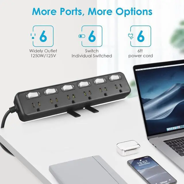 Alt view image 2 of 7 - Desk Clamp Power Strip Individual Switches, JUNNUJ 6 Outlet 800J Surge Protector Clamp Desktop Removable Table Desk Mount Socket, Tabletop Edge Station 6FT Power Cord