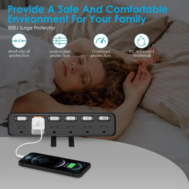Alt view image 3 of 7 - Desk Clamp Power Strip Individual Switches, JUNNUJ 6 Outlet 800J Surge Protector Clamp Desktop Removable Table Desk Mount Socket, Tabletop Edge Station 6FT Power Cord