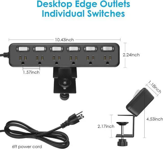 Alt view image 5 of 7 - Desk Clamp Power Strip Individual Switches, JUNNUJ 6 Outlet 800J Surge Protector Clamp Desktop Removable Table Desk Mount Socket, Tabletop Edge Station 6FT Power Cord