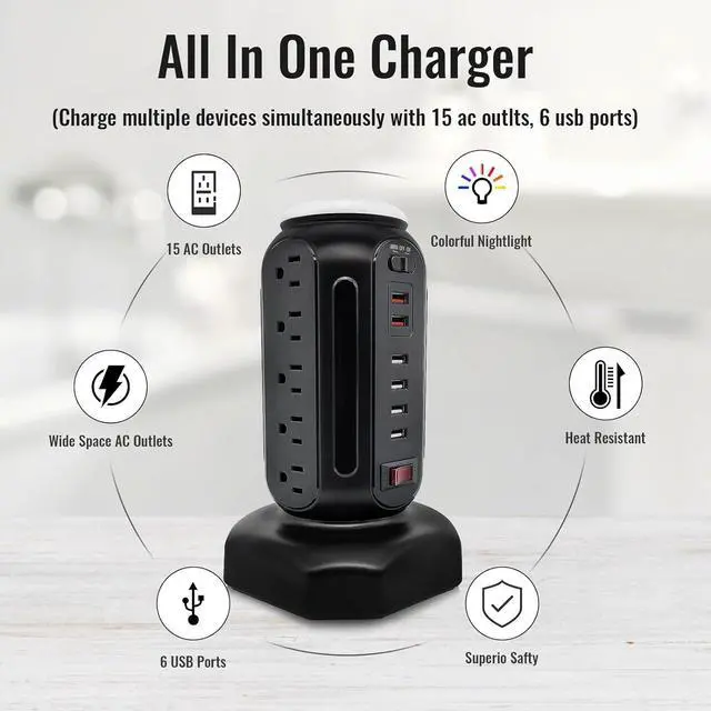 Alt view image 3 of 7 - Power Strip Tower with Colorful Nightlight, 15 AC Outlets and 6 Fasting USB Ports, Retractable Extension Cord with Multiple Outlets, 900 J Surge Protector with Right Flat Plug (Black)