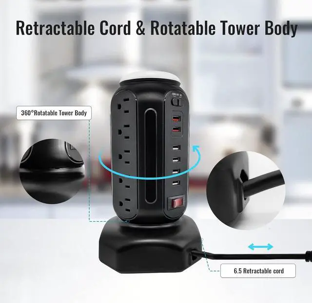 Alt view image 4 of 7 - Power Strip Tower with Colorful Nightlight, 15 AC Outlets and 6 Fasting USB Ports, Retractable Extension Cord with Multiple Outlets, 900 J Surge Protector with Right Flat Plug (Black)