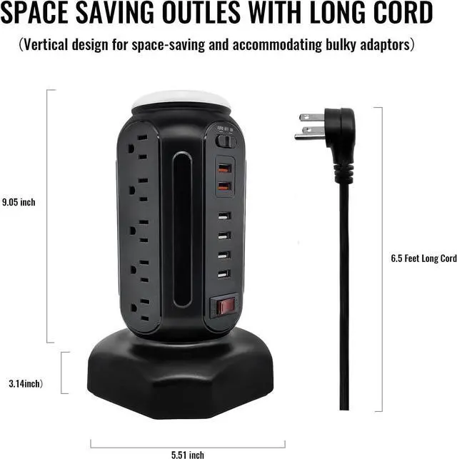 Alt view image 7 of 7 - Power Strip Tower with Colorful Nightlight, 15 AC Outlets and 6 Fasting USB Ports, Retractable Extension Cord with Multiple Outlets, 900 J Surge Protector with Right Flat Plug (Black)