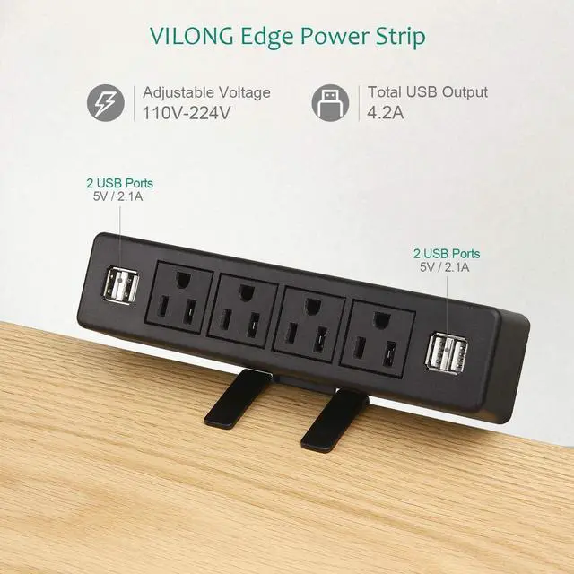 Alt view image 3 of 7 - VILONG Desk Clamp Power Strip with USB Port, 4 Outlet Desktop Mount Charging Power Station,on Desk Edge Power Outlet Office Accessories - 6.5Ft Extension Cord