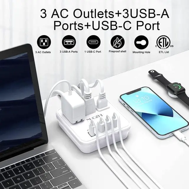 Alt view image 2 of 7 - Cruise Essentials,6 Ft Power Strip with 3 Outlets and 4 USB Ports(1 USB C), Non Surge Protector for Cruise Ship, Travel, Home Office, ETL Listed, White