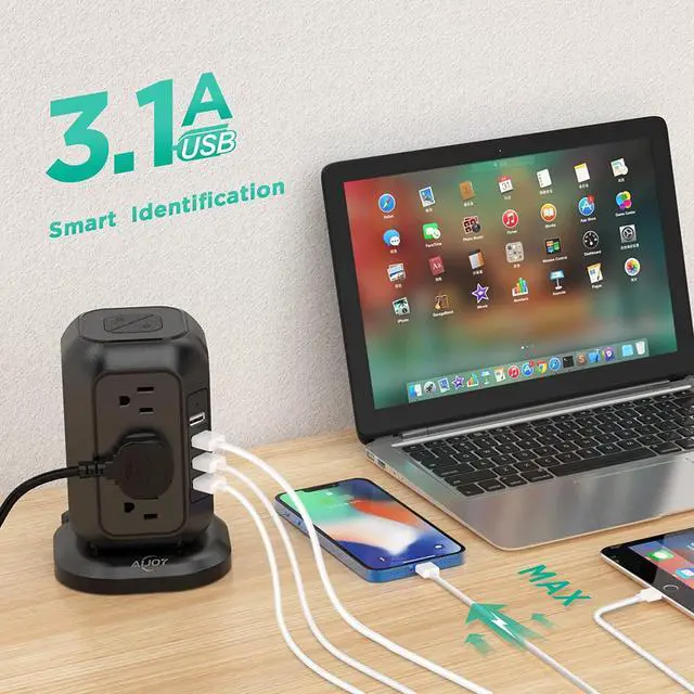 Alt view image 4 of 6 - Power Strip Tower with USB Ports-AiJoy Surge Protector with 12 AC Outlet and 4 USB Ports, 10 Ft Extension Cord with Multiple Outlets, Charging Station with Overload Protection, for Home Office Dorm