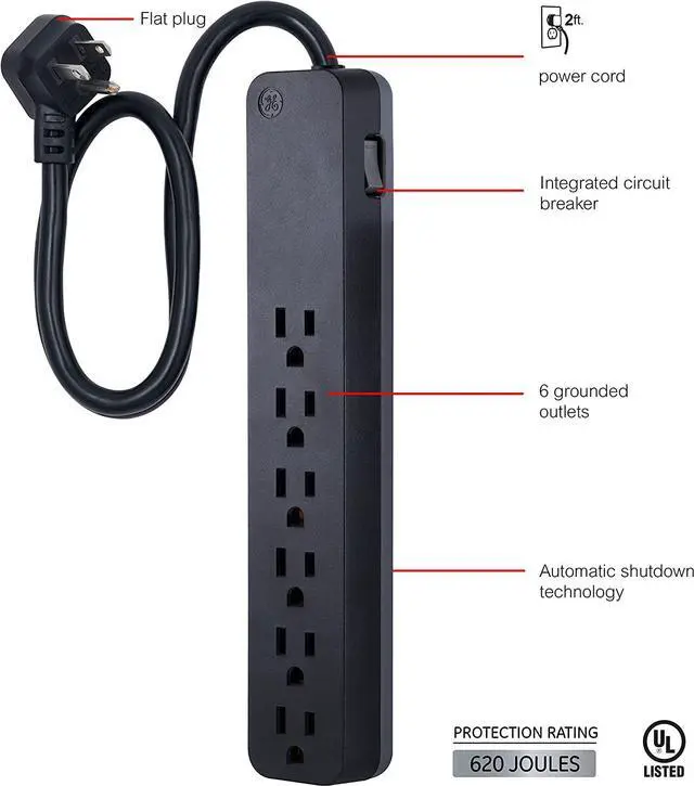 Alt view image 9 of 14 - GE Pro 6 Outlet Surge Protector, 2 ft Extension Cord, Power Strip, Flat Plug, Wall Mount, Black, 45170