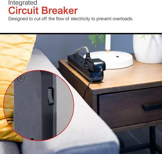 Alt view image 12 of 14 - GE Pro 6 Outlet Surge Protector, 2 ft Extension Cord, Power Strip, Flat Plug, Wall Mount, Black, 45170