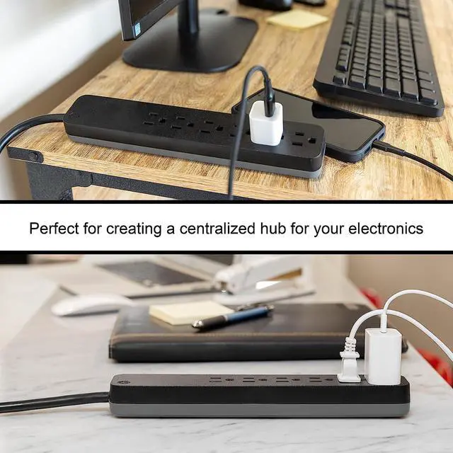 Alt view image 14 of 14 - GE Pro 6 Outlet Surge Protector, 2 ft Extension Cord, Power Strip, Flat Plug, Wall Mount, Black, 45170