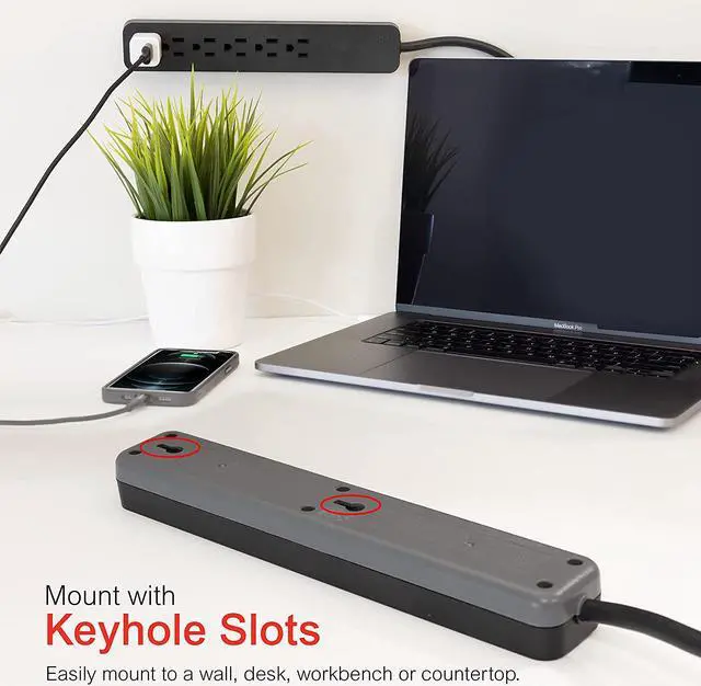 Alt view image 13 of 14 - GE Pro 6 Outlet Surge Protector, 2 ft Extension Cord, Power Strip, Flat Plug, Wall Mount, Black, 45170