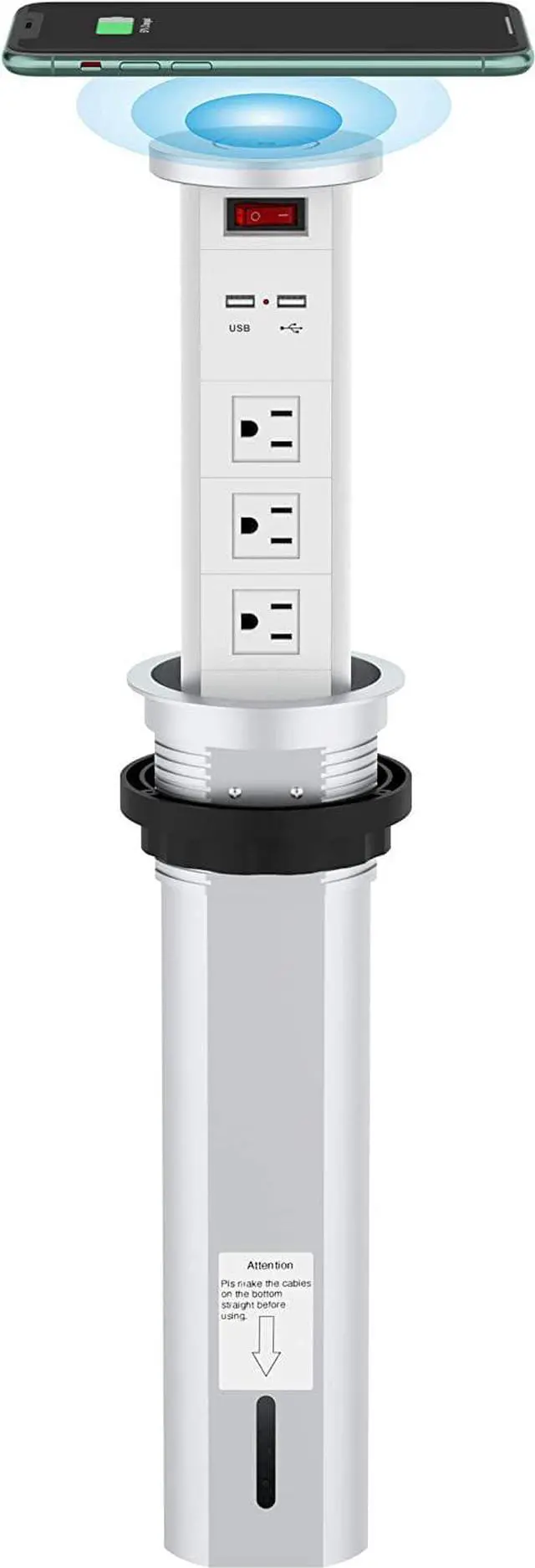 Main image of Raising Surge Protector Pop up Outlet Retractable Hidden Recessed Power Strip Power Socket 2 USB Charging Stations and 3 AC Plug with Wireless Charger for Kitchen Island, Conference Table