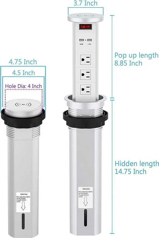 Alt view image 3 of 6 - Raising Surge Protector Pop up Outlet Retractable Hidden Recessed Power Strip Power Socket 2 USB Charging Stations and 3 AC Plug with Wireless Charger for Kitchen Island, Conference Table