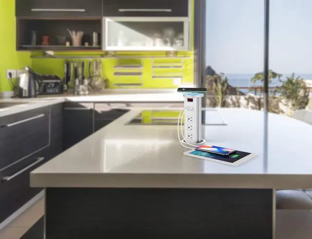 Alt view image 5 of 6 - Raising Surge Protector Pop up Outlet Retractable Hidden Recessed Power Strip Power Socket 2 USB Charging Stations and 3 AC Plug with Wireless Charger for Kitchen Island, Conference Table
