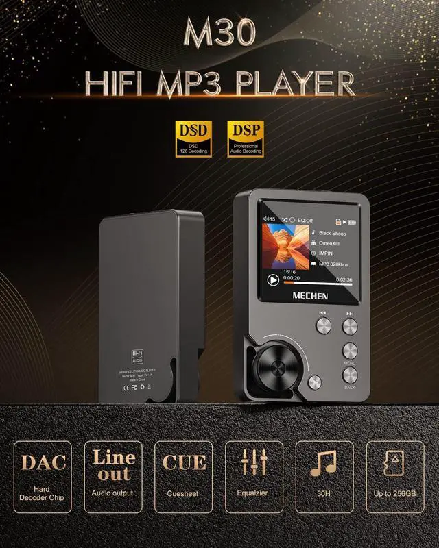 Alt view image 2 of 7 - M30 HiFi MP3 Player, Lossless DSD High Resolution Digital Audio Music Player, High-Res Portable Audio Player with 64GB Memory Card (Gray)