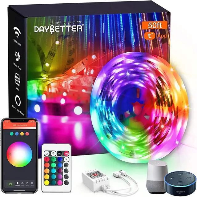 Main image of Smart WiFi Led Lights Tuya App Controlled Work with Alexa and Google Assistant Timer Schedule RGB Strip Color Changing Dcor for Bedroom Party Kitchen 50ft