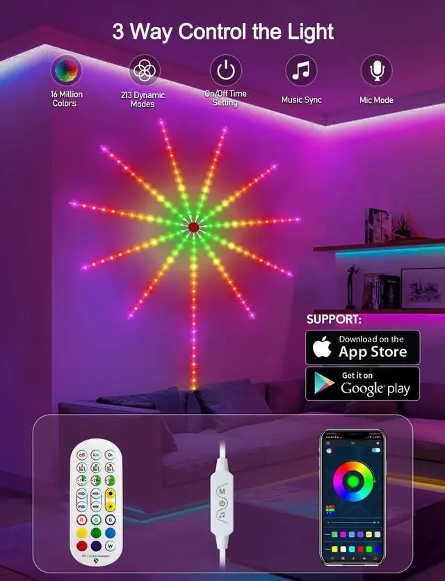 Alt view image 3 of 6 - Smart Firework LED Lights ICRGB Dream Color LED Lights for Bedroom LED Strip Lights with Remote App Control Color Changing Music Sound Sync Light for Bedroom Christmas Decorations