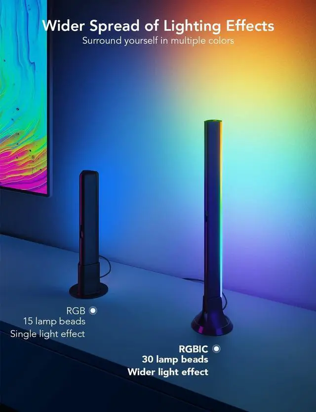 Alt view image 3 of 7 - RGBIC Light Bars 15 Inches WiFi TV Backlight Suitable for 45-70 inch TVs Smart Light Bars with Multiple Placement Options Work with Alexa and Google Assistant Black