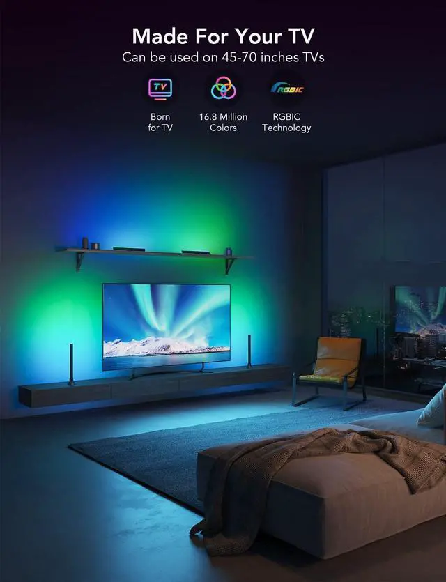 Alt view image 2 of 7 - RGBIC Light Bars 15 Inches WiFi TV Backlight Suitable for 45-70 inch TVs Smart Light Bars with Multiple Placement Options Work with Alexa and Google Assistant Black