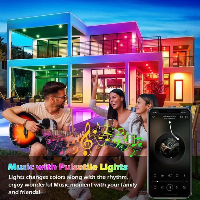 Alt view image 4 of 7 - 60Ft Outdoor Waterproof LED Strip Lights Music Sync RGB IP65 Led Lights with App Control and Remote Color Changing Waterproof Led Rope Lights for Outdoor Balcony Roof Garden Stairs Party (60FT)