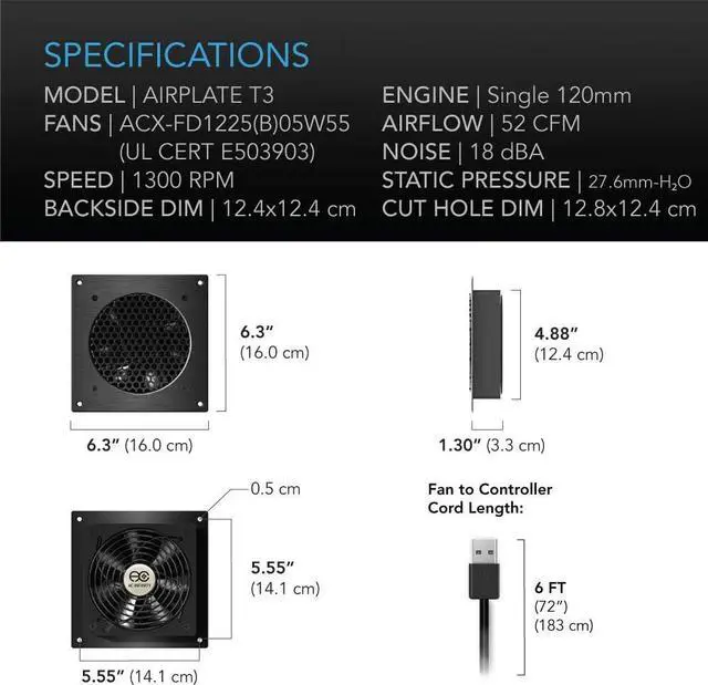 Alt view image 6 of 7 - AIRPLATE T3, Quiet Cooling Fan System 6" with Thermostat Control, for Home Theater AV Cabinets
