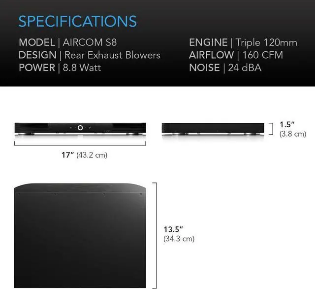 Alt view image 6 of 7 - AC Infinity AIRCOM S8, Quiet Cooling Blower Fan System 17" Rear-Exhaust for Receivers, Amps, DVR, AV Cabinet Components