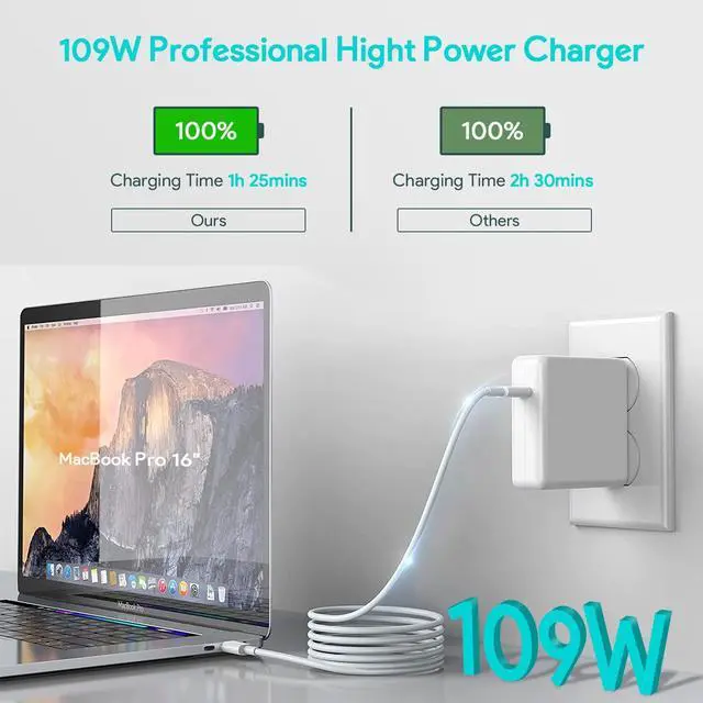 Alt view image 2 of 7 - Fast Charger Power Adapter 109W USB C - Compatible with MacBook Pro 16, 15, 14, 13 Inch, New MacBook Air 13 Inch, IPad Pro and All USB C Device, Included 6.6ft Cable