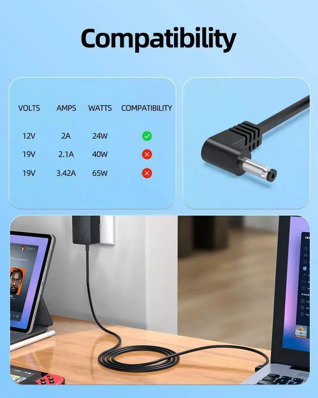 Alt view image 2 of 7 - 12V 2A AC Charger Fit for Chuwi UBook X/Pro X CWI535, GemiBook 13 14 Pro CWI529, AeroBook Pro CWI510, Herobook 13.3 Pro +, 15.6 Plus, LapBook Pro 12.3 13.3 14 14.1 Laptop Power Supply Adapter Cord
