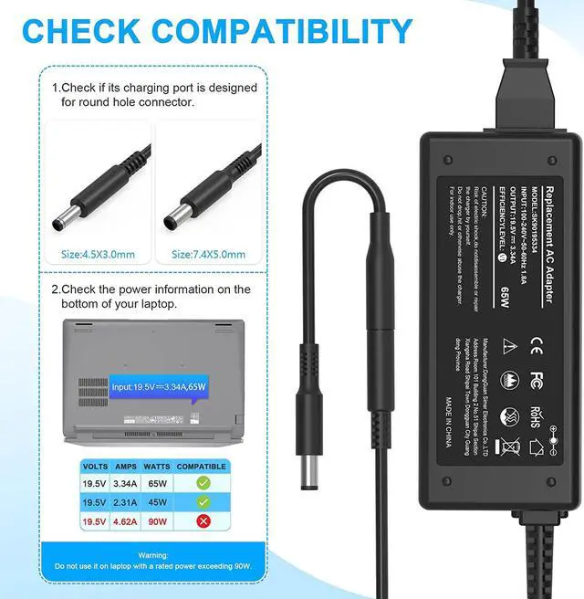 Alt view image 2 of 6 - 65W 45W 2 Tips Charger for  Laptop Charger Replacement for All 65W 45W  inspiron 13 14 15 17 3000 5000 7000 Series laptops Round Connects Chargers7.4mm and 4.5mm