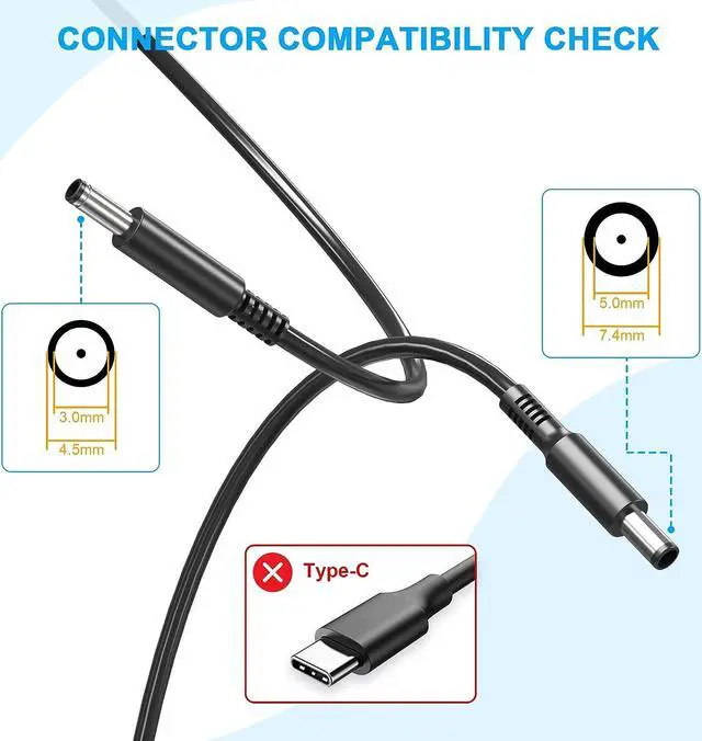 Alt view image 4 of 6 - 65W 45W 2 Tips Charger for  Laptop Charger Replacement for All  inspiron 13 14 15 17 3000 5000 7000 Series laptops Round Connects Chargers7.4mm and 4.5mm Fit for Power of 65W Max