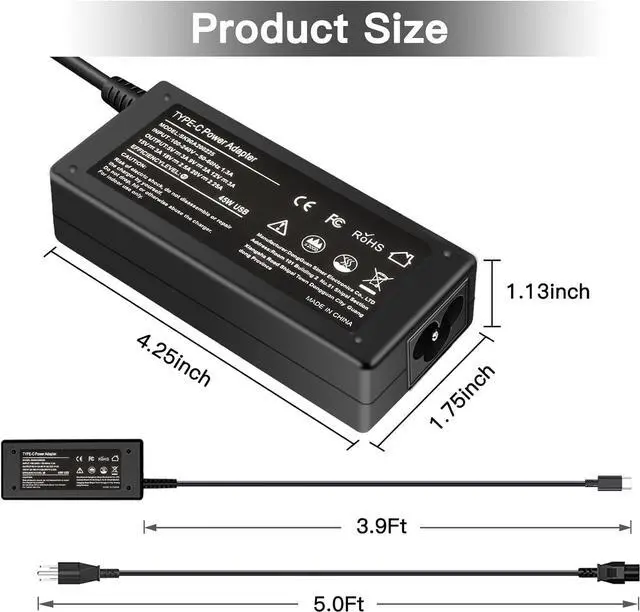 Alt view image 5 of 7 - 45W Type C USB C Charger Adapter for HP Chromebook X360 14-CA000 11-ae000 14-ca051wm 14-ca052wm 14-ca091wm ca061dx 11-ae051wm 11-ae001tu 11-ae027nr12-c012dx 918337-001 844205-850 28769-001