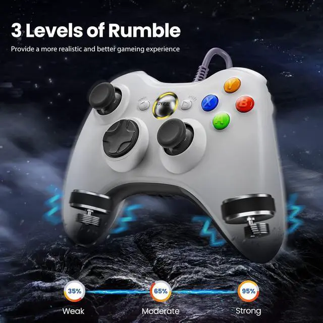 Alt view image 3 of 7 - VOYEE PC Controller, Wired Controller Compatible with Microsoft Xbox 360 & Slim/PC Windows 10/8/7, with Upgraded Joystick, Double Shock | Enhanced (White)