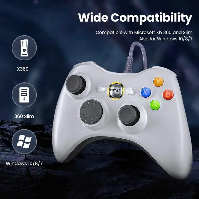 Alt view image 4 of 7 - VOYEE PC Controller, Wired Controller Compatible with Microsoft Xbox 360 & Slim/PC Windows 10/8/7, with Upgraded Joystick, Double Shock | Enhanced (White)