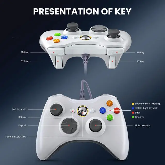Alt view image 5 of 7 - VOYEE PC Controller, Wired Controller Compatible with Microsoft Xbox 360 & Slim/PC Windows 10/8/7, with Upgraded Joystick, Double Shock | Enhanced (White)