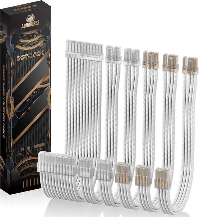 AsiaHorse PSU Extension Cable, 16 AWG Power Supply Sleeved Cable Kit of  Transparent Connector, 1x24Pin/2x4+4 EPS/3x6+2 PCI-E, 30cm Length of  Braided ATX Sleeved with Combs-Bright White 
