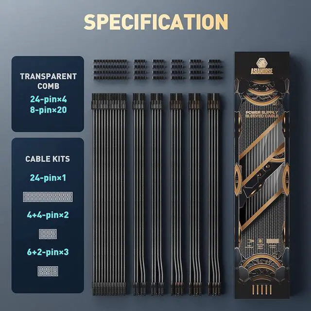 Alt view image 2 of 7 - AsiaHorse PSU Cable Extension Kit, 24Pin/4+4 EPS/6+2 PCI-E 16AWG Power Supply Sleeved Cable Kit with Transparent Connector for Two-Way CPU Performance, 6kit Pro Clear Series
