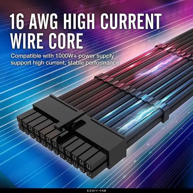 Alt view image 2 of 7 - EZDIY-FAB PSU Cable Extension kit Sleeved Cable Custom Power Supply Sleeved Extension 16 AWG 24-PIN 8-PIN 6-PIN 4+4-PIN with Combs- Black