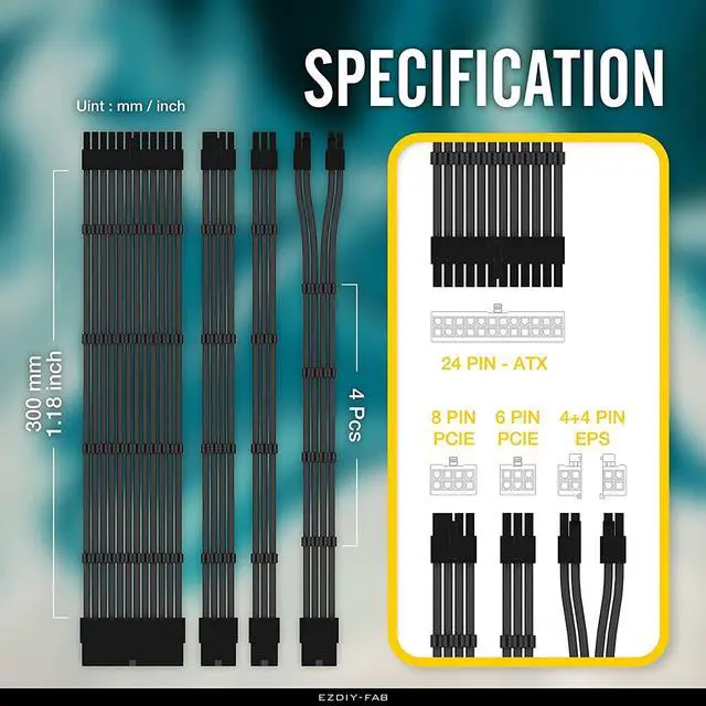 Alt view image 6 of 7 - EZDIY-FAB PSU Cable Extension kit Sleeved Cable Custom Power Supply Sleeved Extension 16 AWG 24-PIN 8-PIN 6-PIN 4+4-PIN with Combs- Black