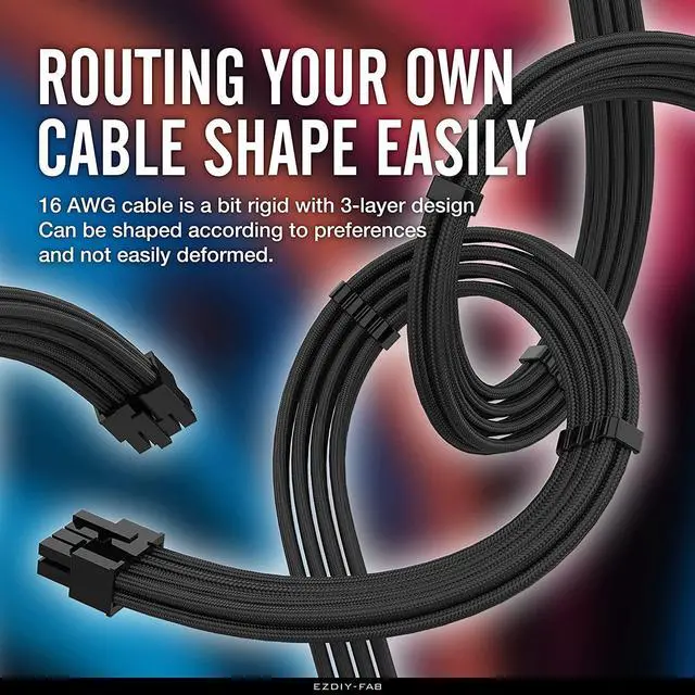Alt view image 4 of 7 - EZDIY-FAB PSU Cable Extension kit Sleeved Cable Custom Power Supply Sleeved Extension 16 AWG 24-PIN 8-PIN 6-PIN 4+4-PIN with Combs- Black