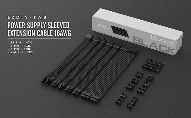 Alt view image 7 of 7 - EZDIY-FAB PSU Cable Extension kit Sleeved Cable Custom Power Supply Sleeved Extension 16 AWG 24-PIN 8-PIN 6-PIN 4+4-PIN with Combs- Black