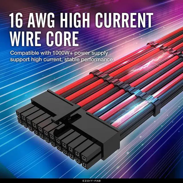 Alt view image 2 of 7 - EZDIY-FAB PSU Cable Extension kit Sleeved Cable Custom Power Supply Sleeved Extension 16 AWG 24-PIN 8-PIN 6-PIN 4+4-PIN with Combs- Black/Red