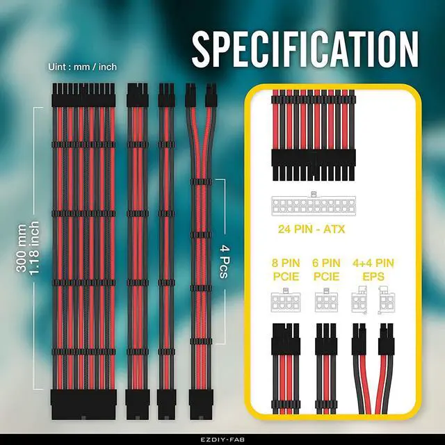 Alt view image 5 of 7 - EZDIY-FAB PSU Cable Extension kit Sleeved Cable Custom Power Supply Sleeved Extension 16 AWG 24-PIN 8-PIN 6-PIN 4+4-PIN with Combs- Black/Red