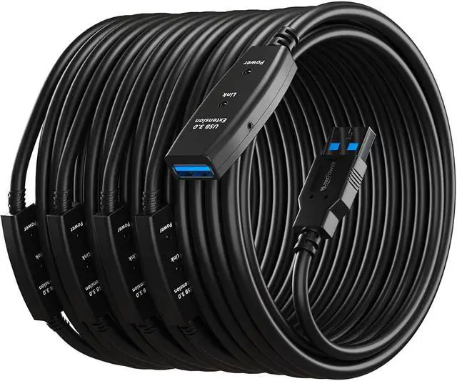 Main image of 100 Feet Active USB Extension Cable 3.0 Male to Female with 3 Extension chipsets Signal Booster - Repeater Cord 30 Meters / 100 Feet (AC Power Supply Included)