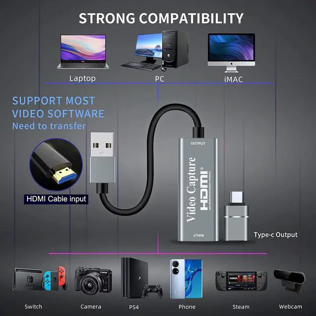 Alt view image 2 of 7 - Video Capture Cards, 4K HDMI to USB 3.0 Video Capture Device, 1080P HD 60fps Broadcast Live and Record Video Audio Grabber for Gaming, Streaming, Teaching, Video Conference (Silver)