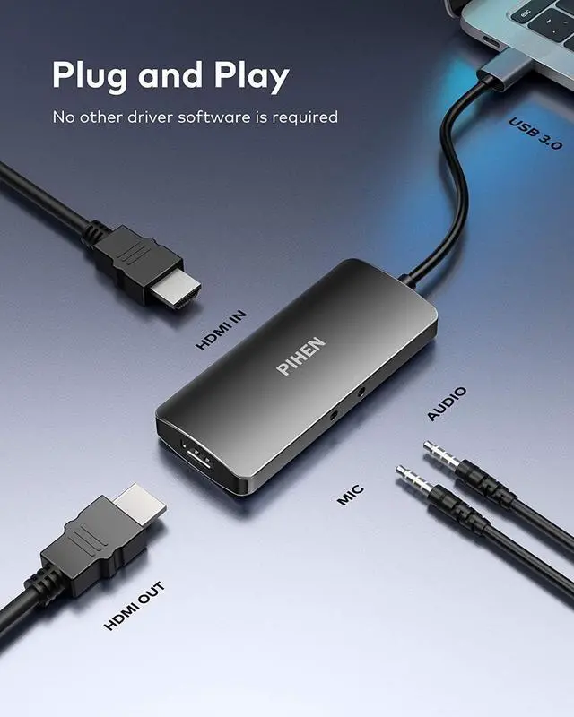 Alt view image 2 of 7 - PIHEN Capture Card, Video Capture Device, 4K 60FPS HDMI to USB3.0 Video/Audio Capture Recorder Device, Compatible Windows Linux YouTube OBS OS X Twitch for PS3/4/5 Xbox One Xbox 360