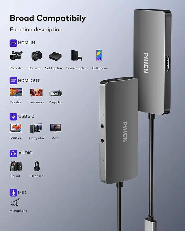 Alt view image 6 of 7 - PIHEN Capture Card, Video Capture Device, 4K 60FPS HDMI to USB3.0 Video/Audio Capture Recorder Device, Compatible Windows Linux YouTube OBS OS X Twitch for PS3/4/5 Xbox One Xbox 360